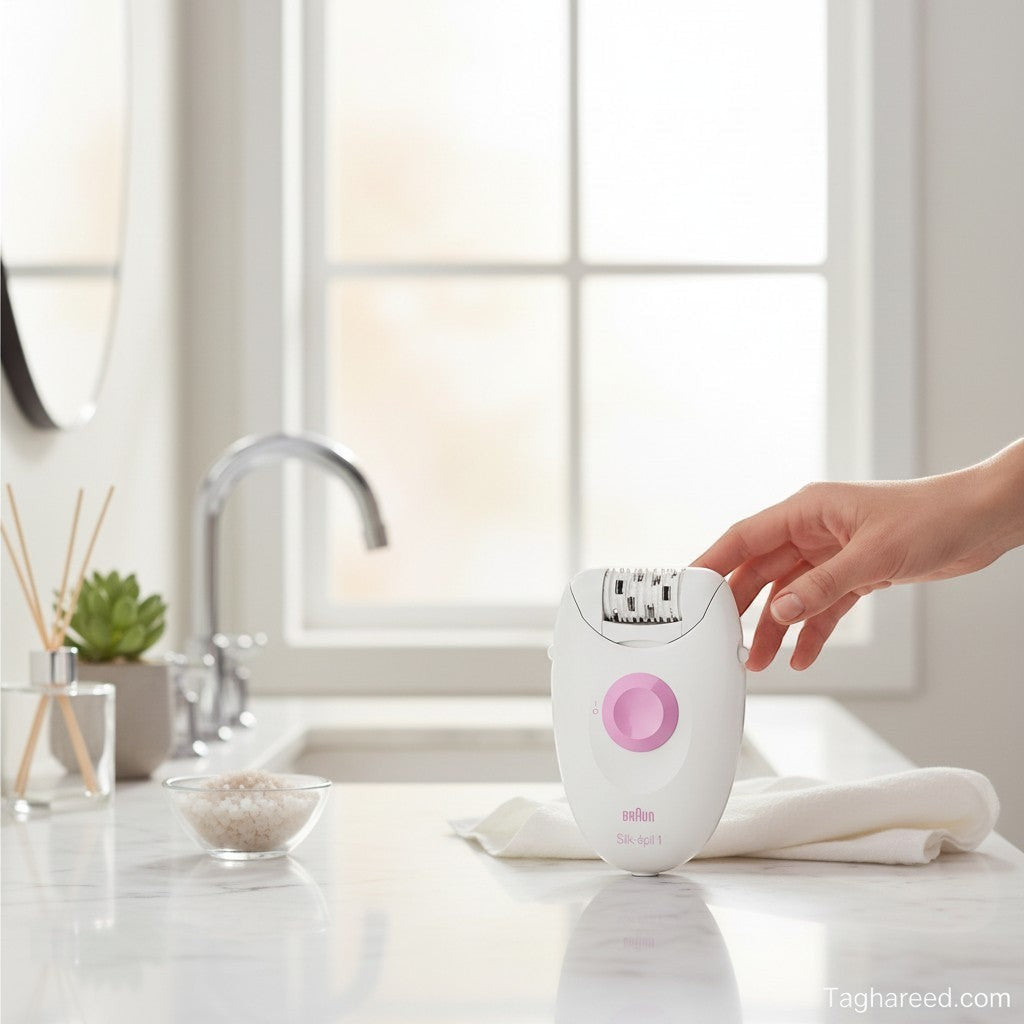 Braun Silk-épil 1 epilator with 20 tweezers and SoftLift tips, white with pink accents, for efficient hair removal.