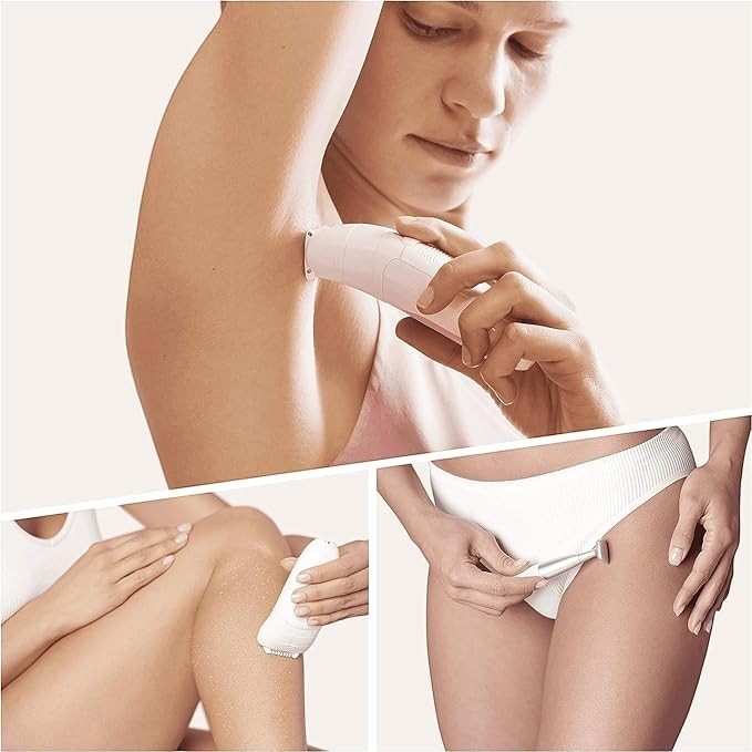 Taghareed Braun Silk-épil 5 epilator being used on underarm, leg, and bikini line. White device with pink accents.