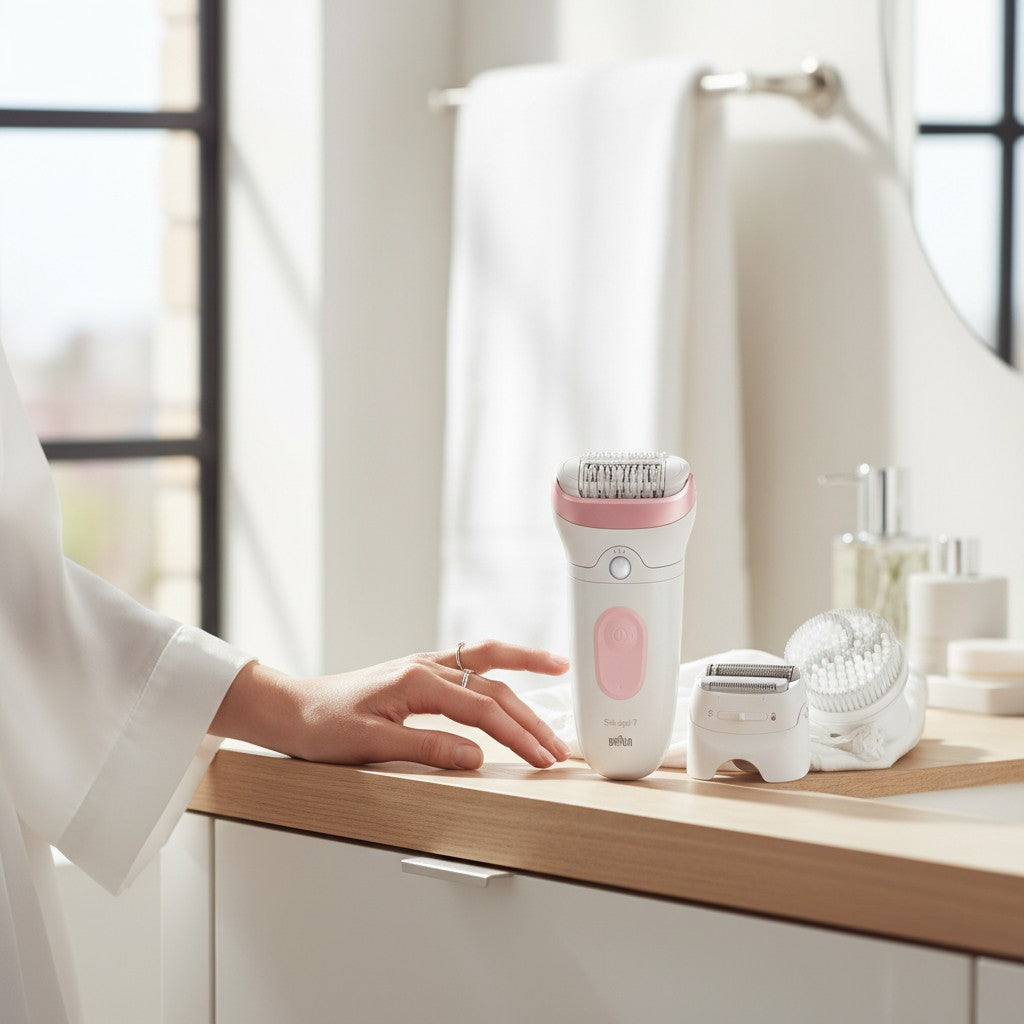 Braun Silk-épil 7 epilator with wide head, shaver attachment, and exfoliation brush. White and pink device with Smartlight.