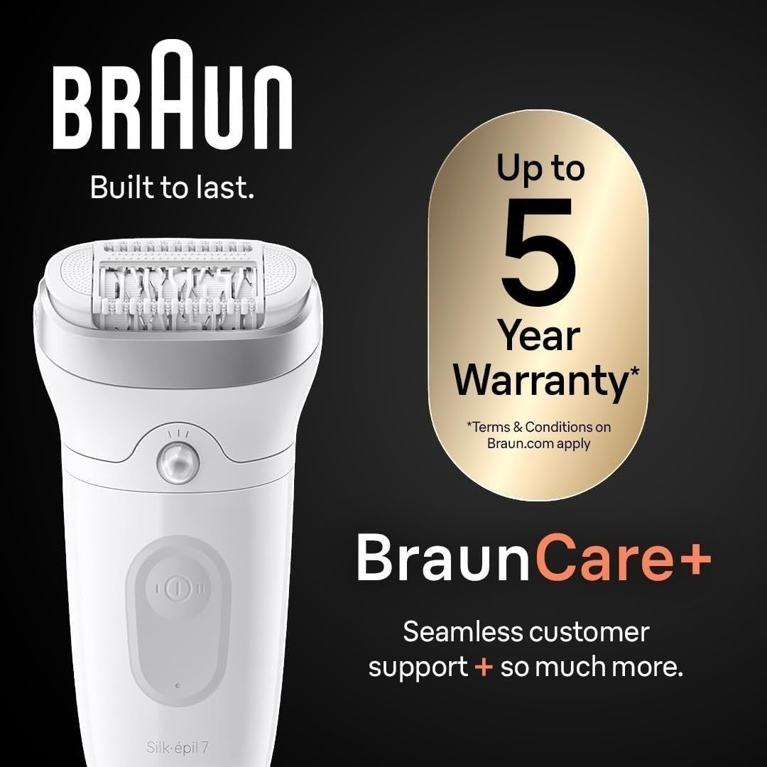 Taghareed Braun Silk-épil 7 Wet & Dry Epilator SE7-041, white, with 40 tweezers, Smartlight, and pivoting head. Includes 2 attachments.