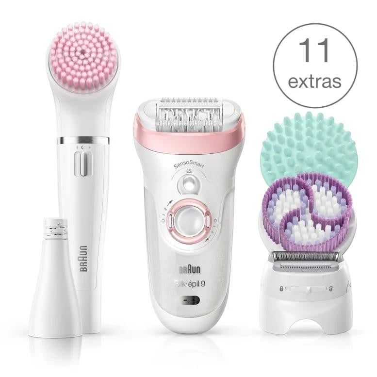 Braun Silk-épil 9 Beauty Set 9 with 11 extras, including epilator, FaceSpa, and body exfoliation brushes. White and pink.