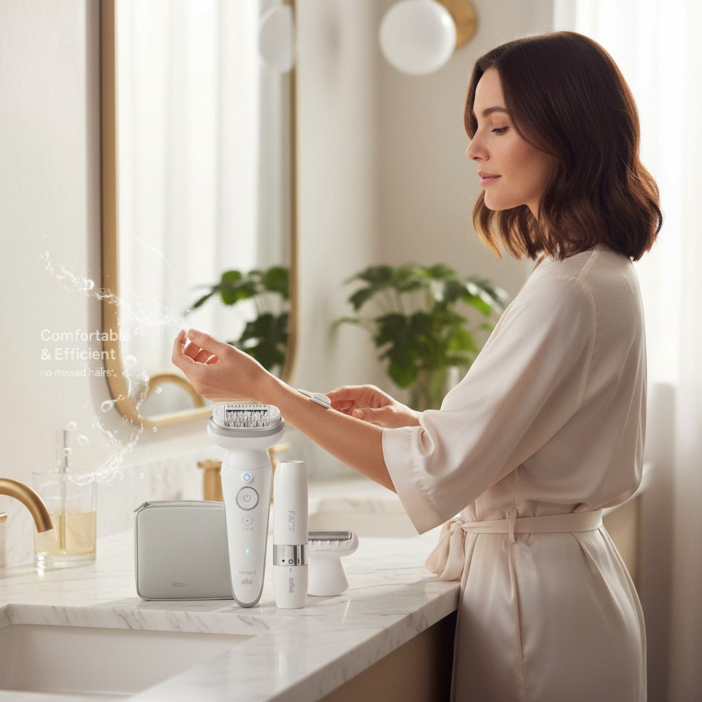 Taghareed Braun Silk-épil 9 SES9-341 epilator with 40 MicroGrip tweezers, pivoting head, and SmartLight. Wet & Dry use.