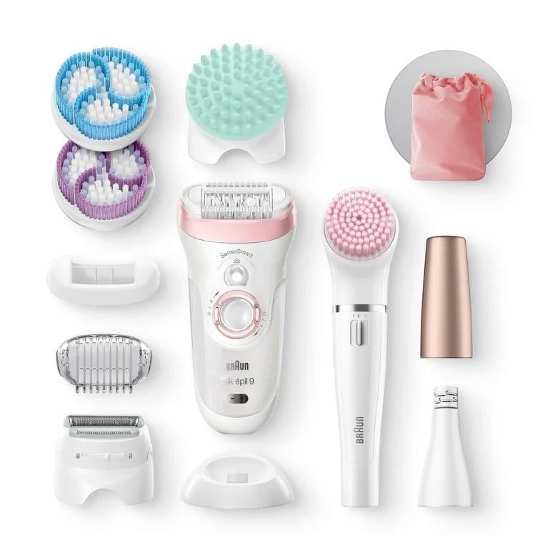 Braun Silk-épil Beauty Set 9 with epilator, FaceSpa, shaver, and exfoliation brushes in white, pink, and blue.
