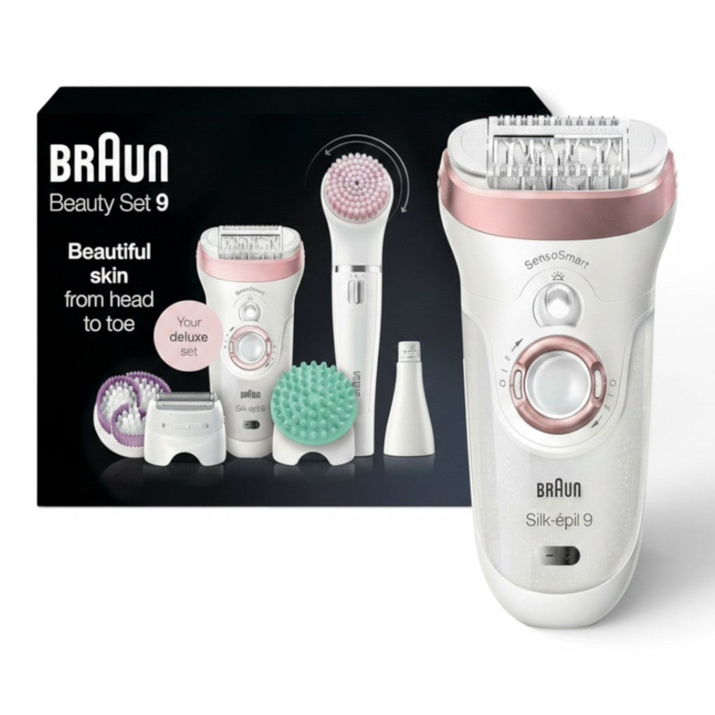 Braun Silk-épil Beauty Set 9 with epilator, FaceSpa, and exfoliation brushes. White and rose gold.