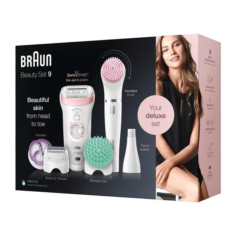 Braun Silk-épil Beauty Set 9 with epilator, FaceSpa brush, exfoliator, shaver, and massage pad. Includes a model.