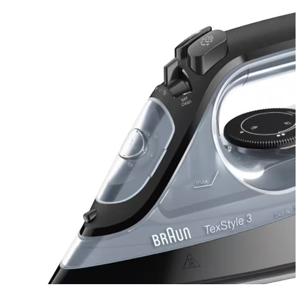 Braun TexStyle 3 Steam Iron SI3055BK, black and grey, with FreeGlide 3D soleplate and 2400W power.