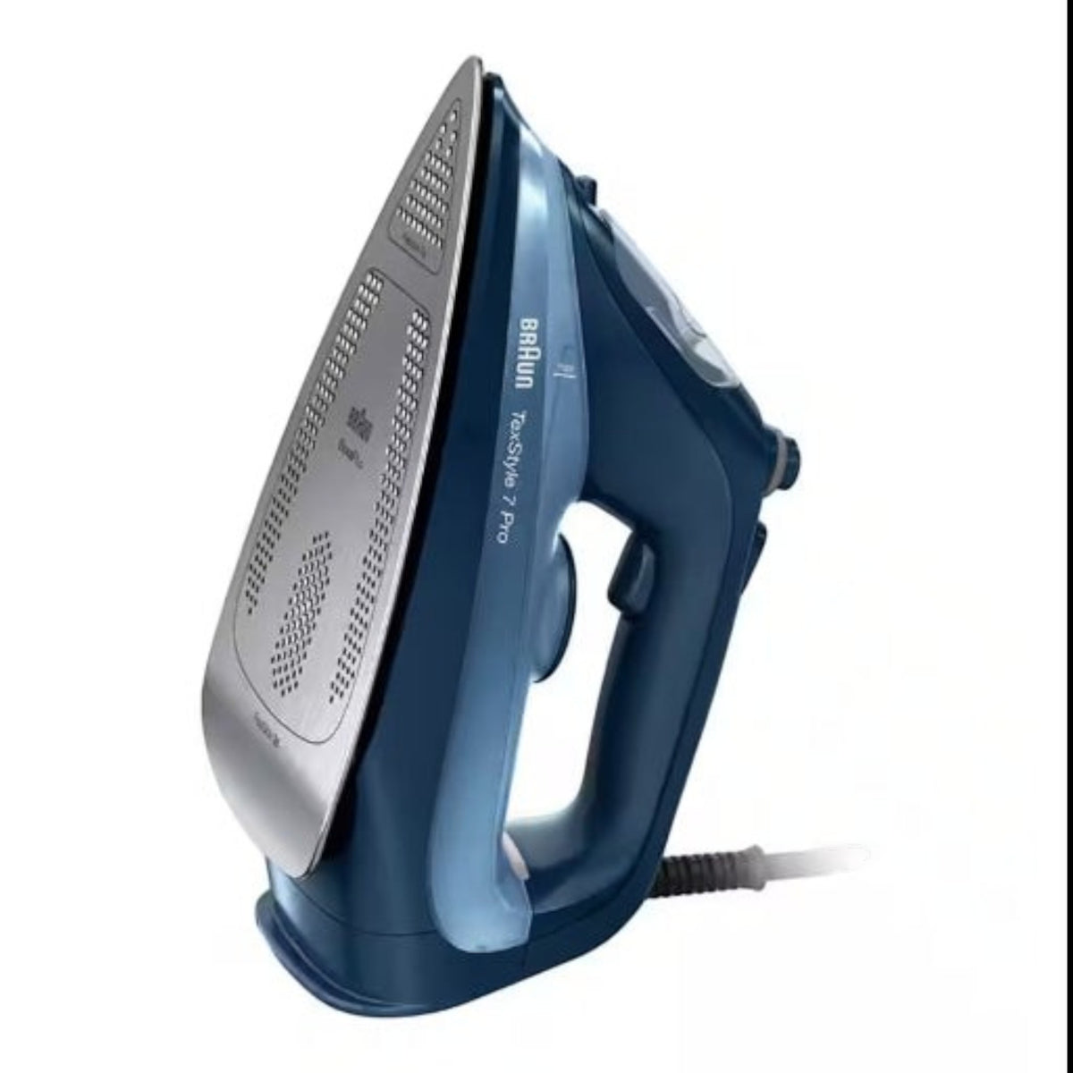 Taghareed Braun TexStyle 7 Pro steam iron in blue with a silver soleplate and ergonomic handle.