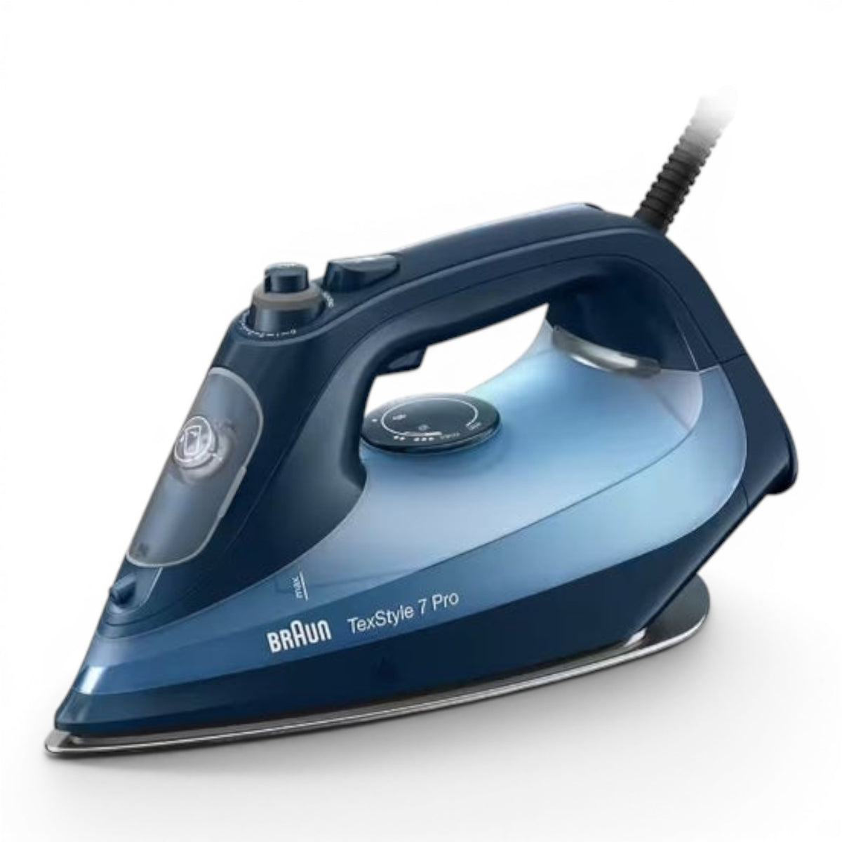 Taghareed Braun TexStyle 7 Pro steam iron in dark blue with a light blue water tank and silver soleplate. Features 3000W power and FreeGlide 3D technology.