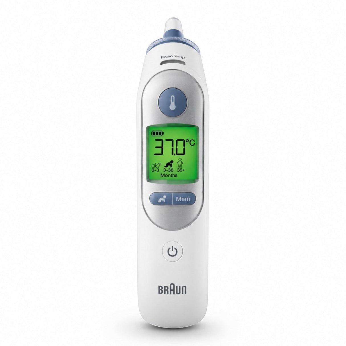 Braun ThermoScan 7 ear thermometer with Age Precision technology, digital display showing 37.0°C, white and blue