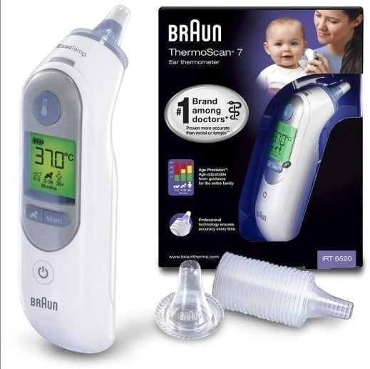 Braun ThermoScan 7 ear thermometer with Age Precision technology, digital screen showing 37.0°C, includes disposable lens covers.