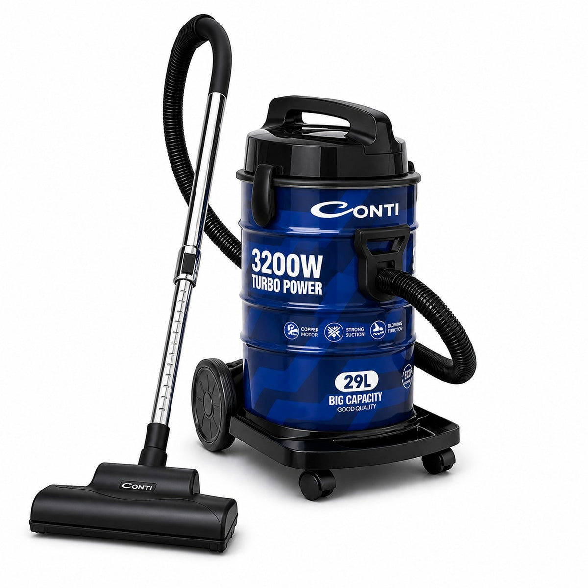 Taghareed CONTI 3200W blue metal drum vacuum cleaner with 29L capacity and large floor brush.