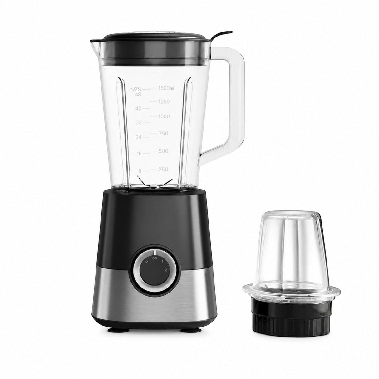 Taghareed CONTI TB 1085 BK 800W blender with 1.5L glass jar, grinder, and stainless steel blades. Features 2 speeds + pulse.