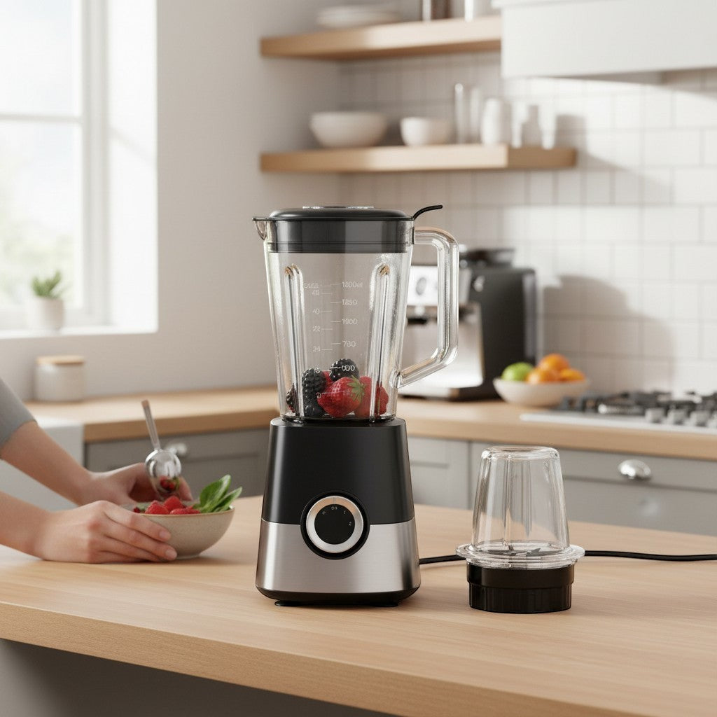 Taghareed CONTI TB 1085 BK 800W blender with 1.5L glass jar, grinder, and stainless steel blades. Black and silver.