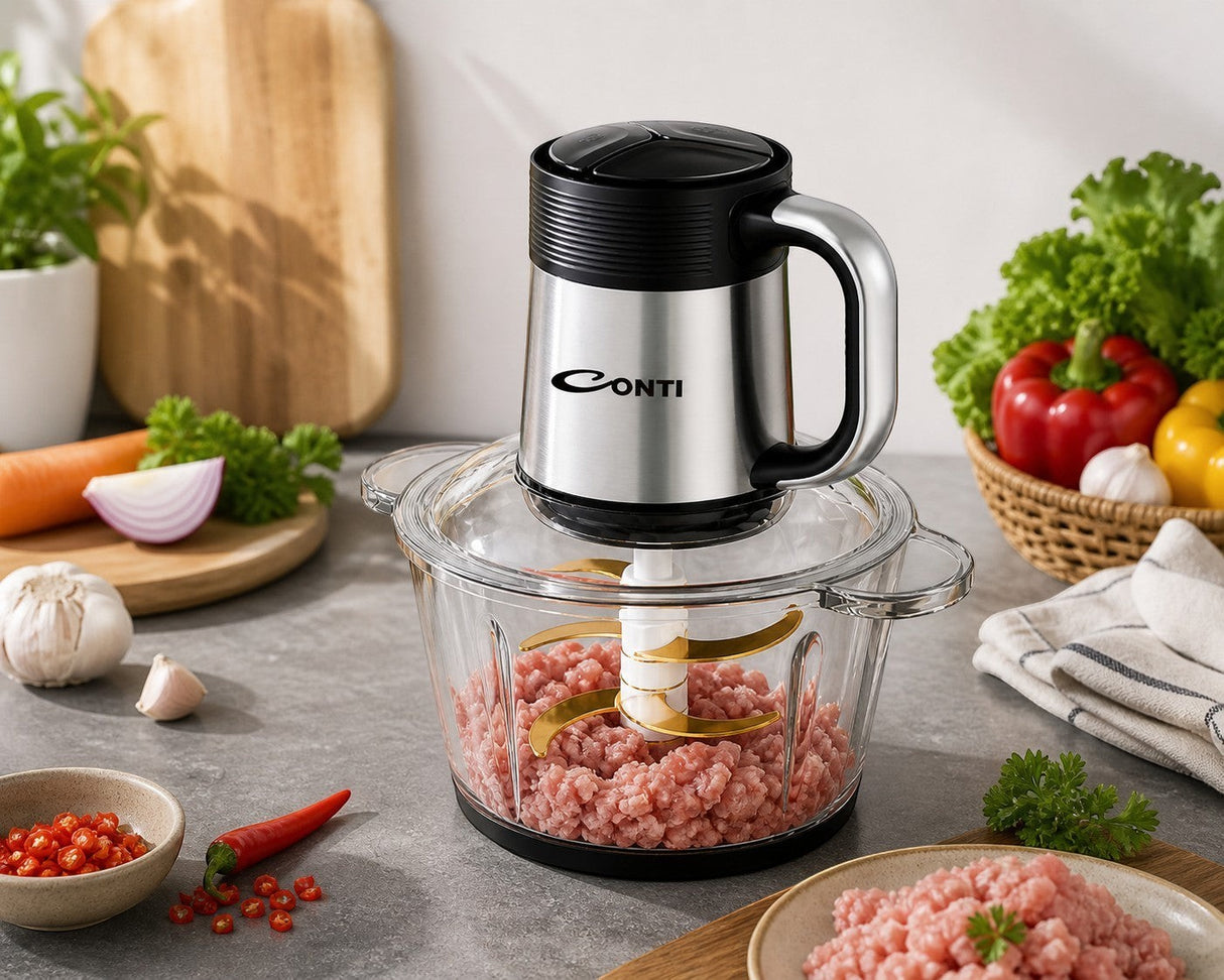 Taghareed CONTI CH 35001 GL 500W food chopper with 3L glass bowl and 6 gold stainless steel blades, mincing meat.