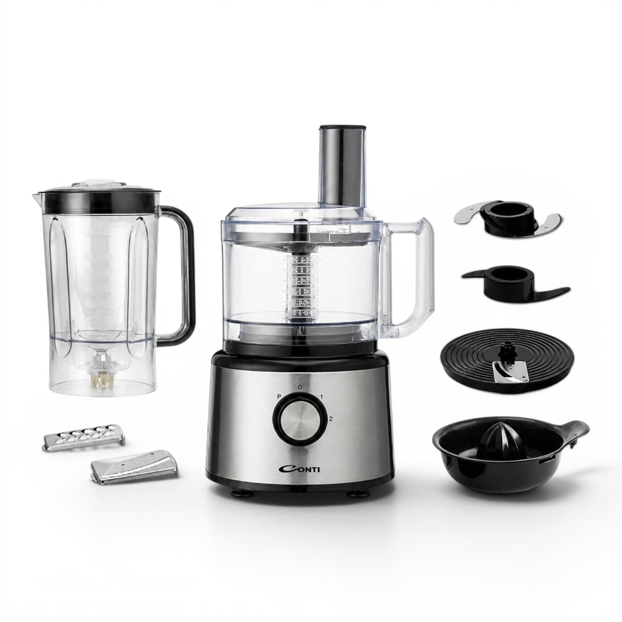 Taghareed CONTI Food Processor FP 75001 BS, 750W, stainless steel with 1.5L bowl, 2.3L blender, and 6 accessories.