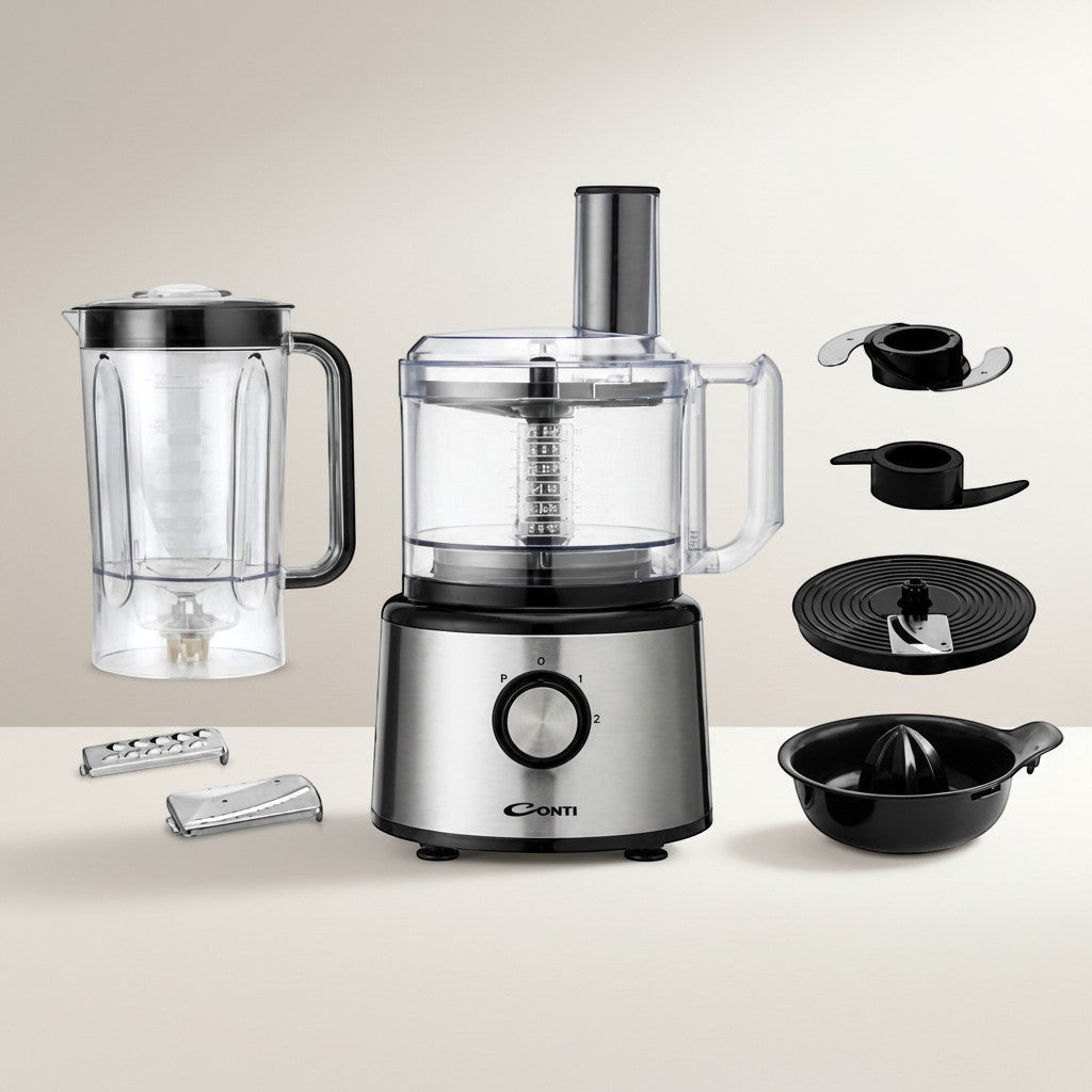 Taghareed CONTI Food Processor FP 75001 BS, 750W, 1.5L bowl, 2.3L blender, 6 accessories, stainless steel and black