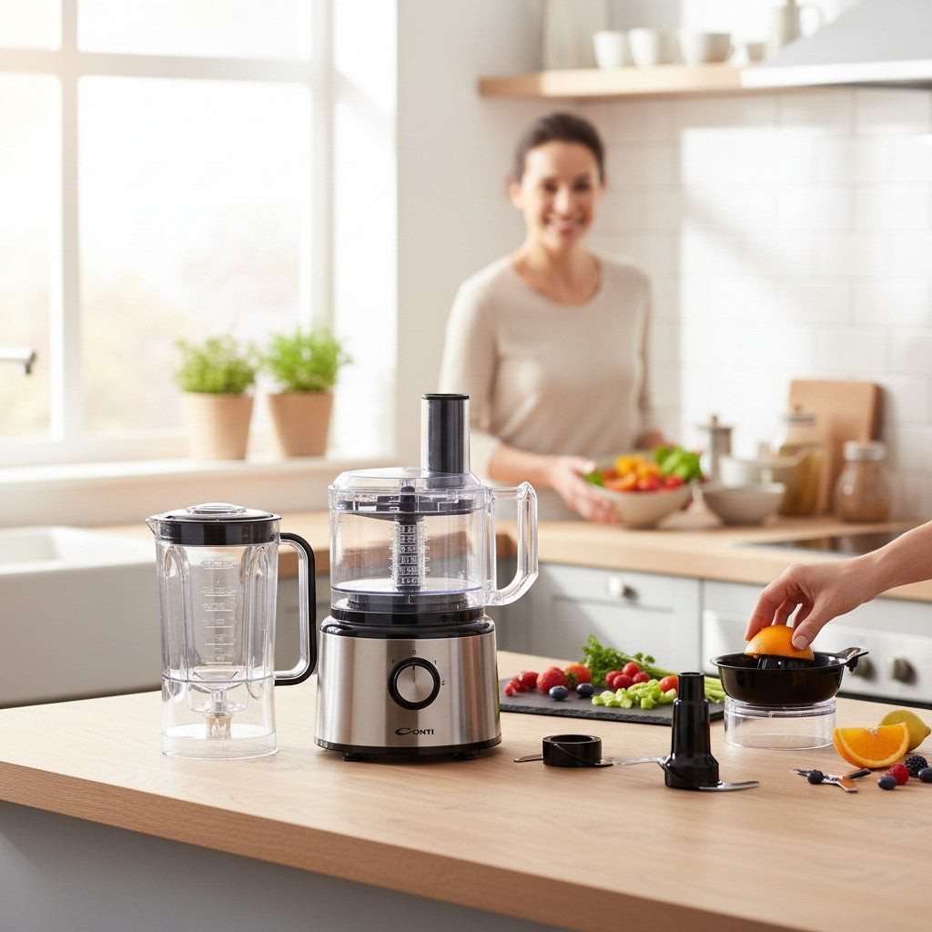 Taghareed CONTI FP 75001 BS stainless steel food processor with blender attachment, 750W, 19 functions.