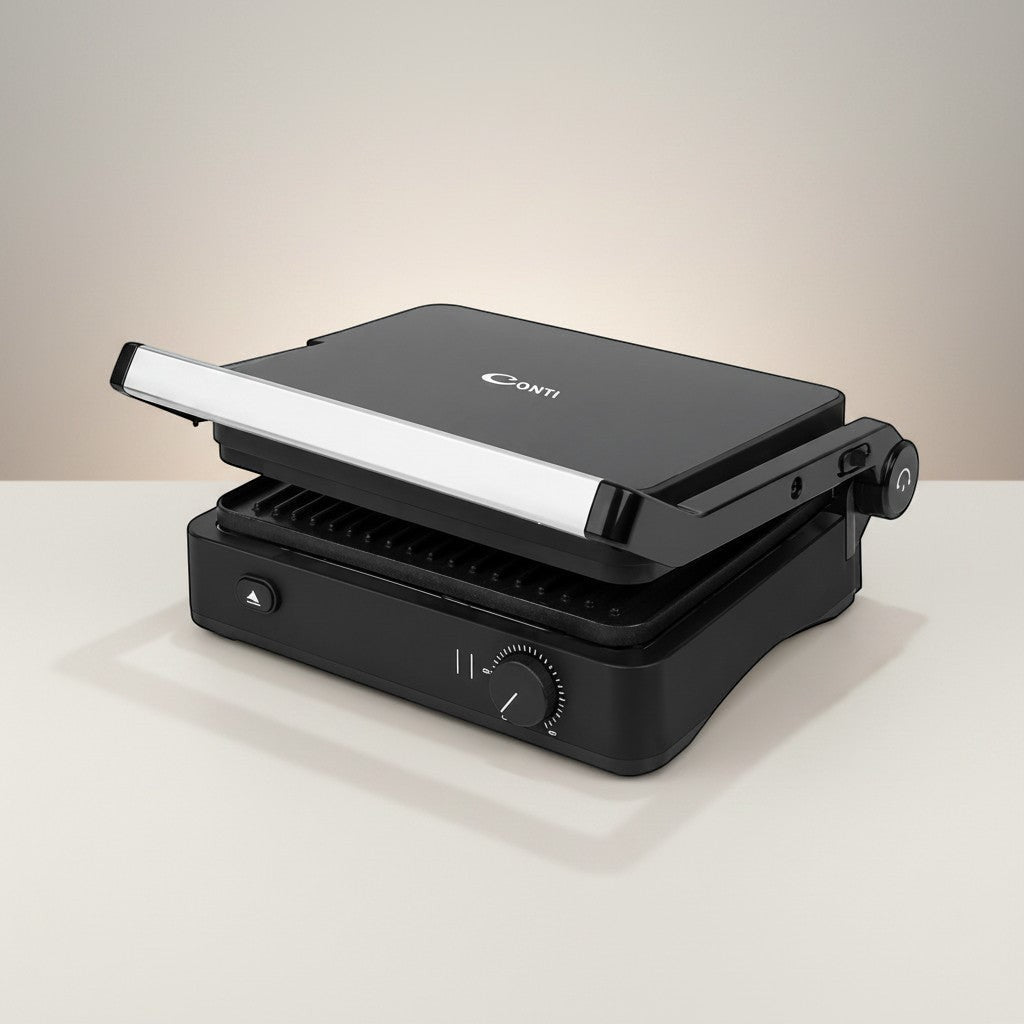 Taghareed CONTI Grill 2000W GT2201-G, black, with removable non-stick plates and 180° opening.