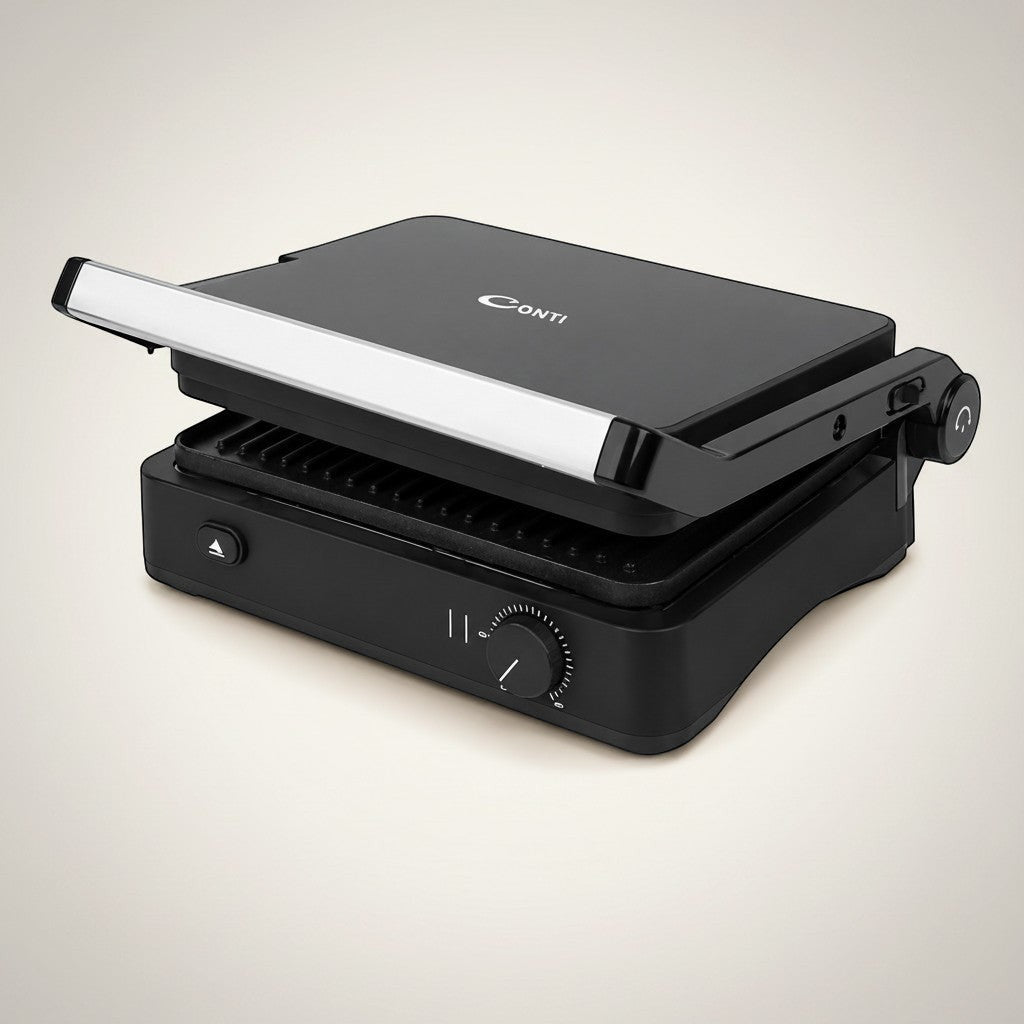 Taghareed CONTI Grill 2000W GT2201-G, black, with removable non-stick plates and 180° opening.