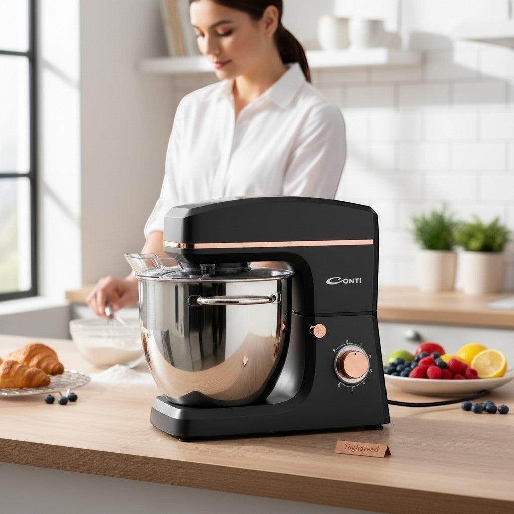 Taghareed CONTI KM 102001 GR black kitchen mixer with 10L stainless steel bowl, 2000W, 6 speeds + pulse.