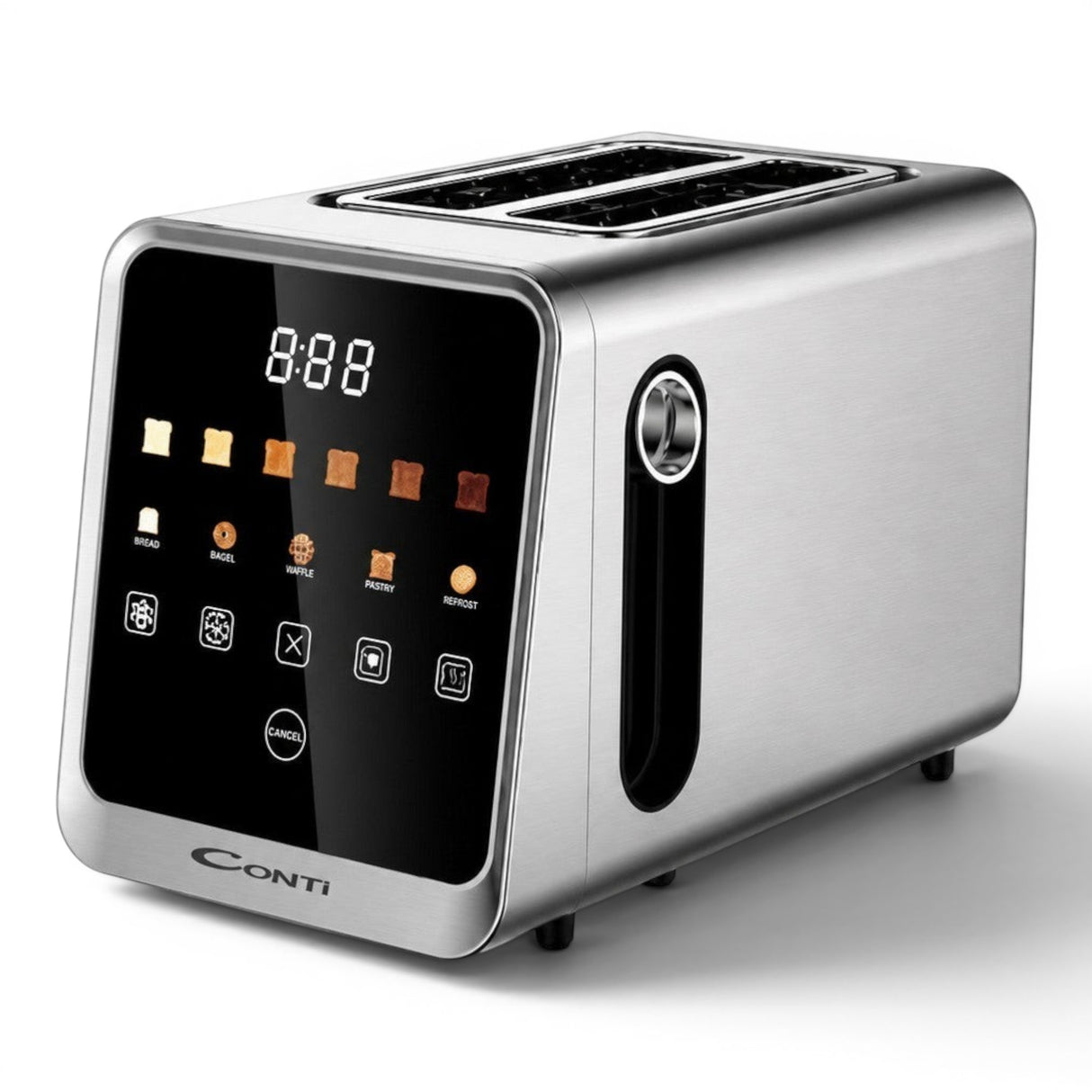 CONTI TA 28001 S 850W 2-slice stainless steel toaster with digital LED display and 6 browning settings.