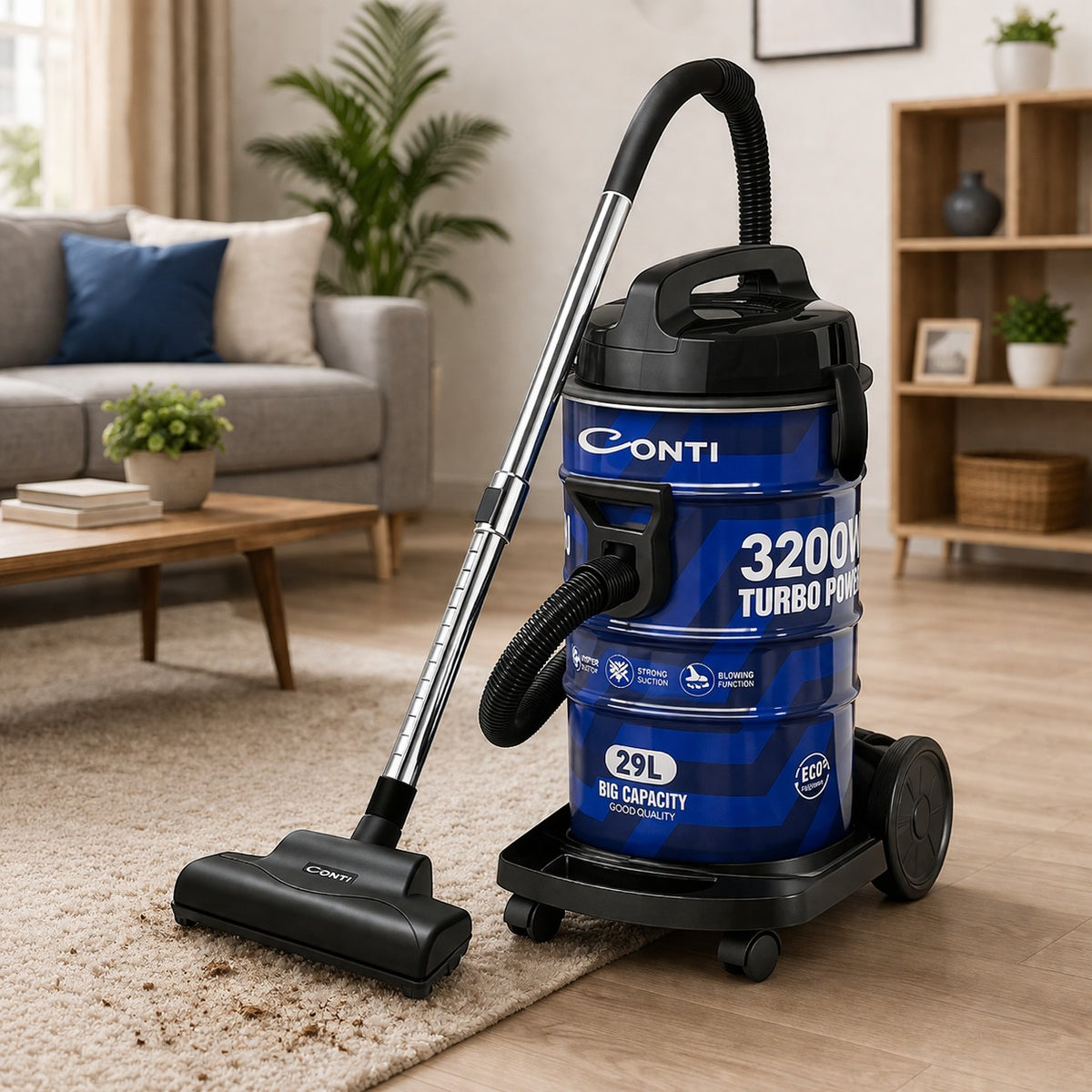 Taghareed CONTI 3200W blue metal drum vacuum cleaner with 29L capacity and telescopic aluminum wand.