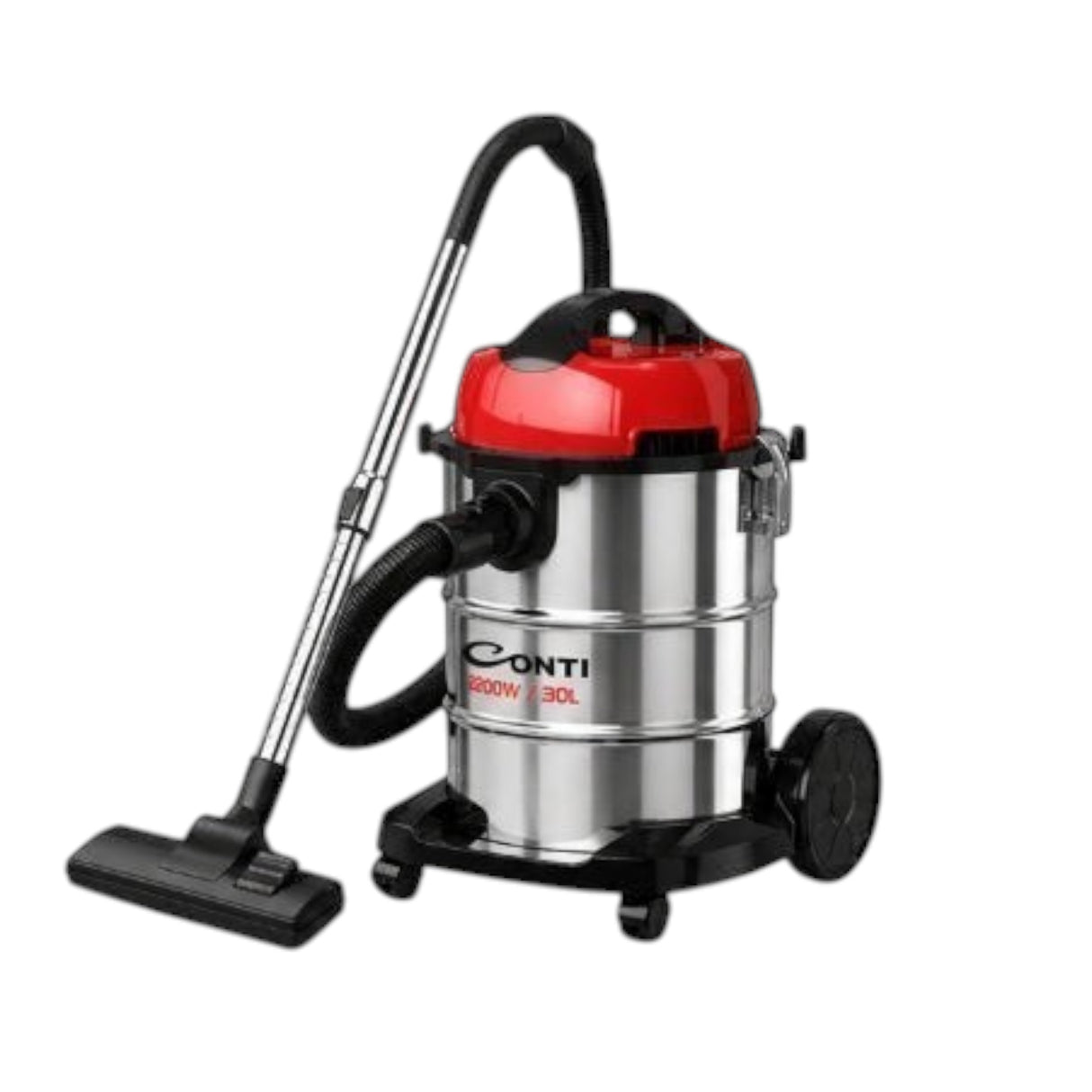 Taghareed CONTI 2200W 30L Wet & Dry vacuum cleaner with stainless steel body and red top.