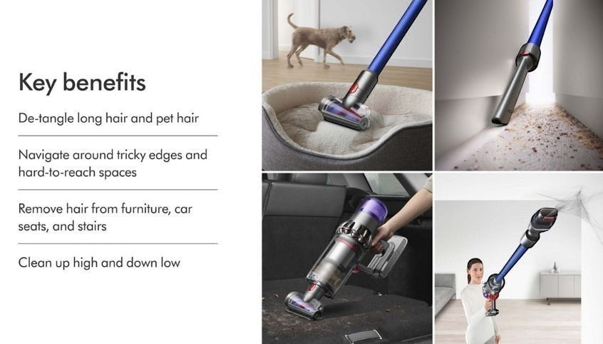 Taghareed cordless vacuum cleaner with blue wand cleaning pet bed, corners, car interior, and ceiling cobwebs.