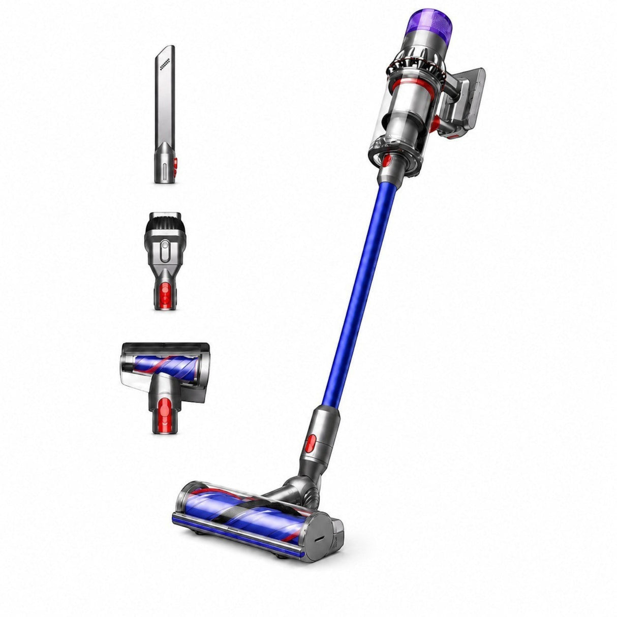 Taghareed cordless vacuum cleaner with blue wand, silver body, and multiple attachments. Ideal for deep cleaning.
