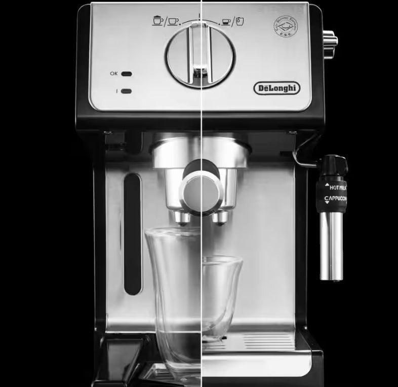 Taghareed De'Longhi ECP 35.31 manual espresso and cappuccino machine with stainless steel accents and adjustable steam wand.