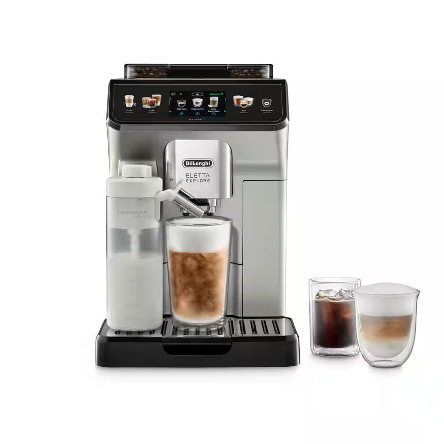 Taghareed De’Longhi Eletta Explore automatic coffee machine with milk carafe, making a latte and two iced coffee drinks.