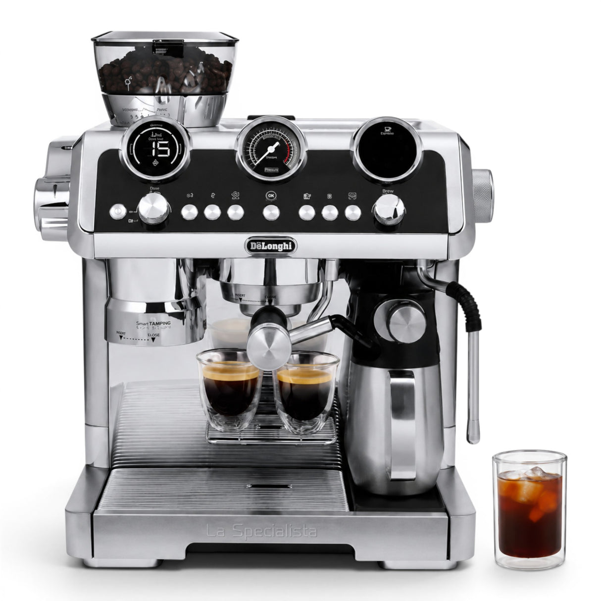 Taghareed De'Longhi La Specialista Maestro espresso machine in chrome and black, with grinder, pressure gauge, and two espresso cups.