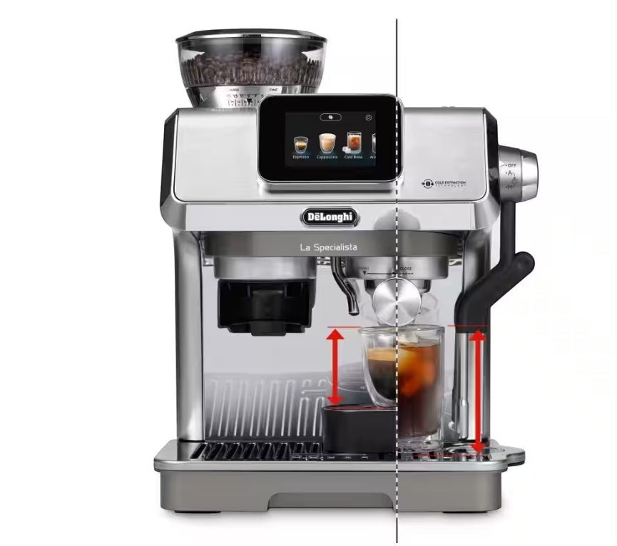 Taghareed De'Longhi La Specialista Touch EC9455.M espresso machine with integrated grinder and touch display, stainless steel.