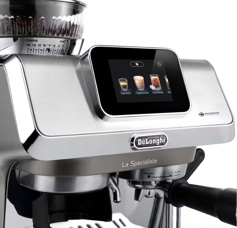 Taghareed De'Longhi La Specialista Touch EC9455.M stainless steel espresso machine with touch display and built-in grinder.