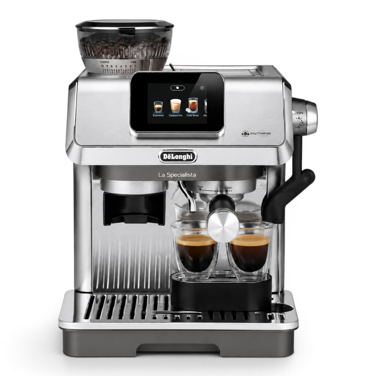 Taghareed De'Longhi La Specialista Touch EC9455.M stainless steel espresso machine with touch screen and built-in grinder.