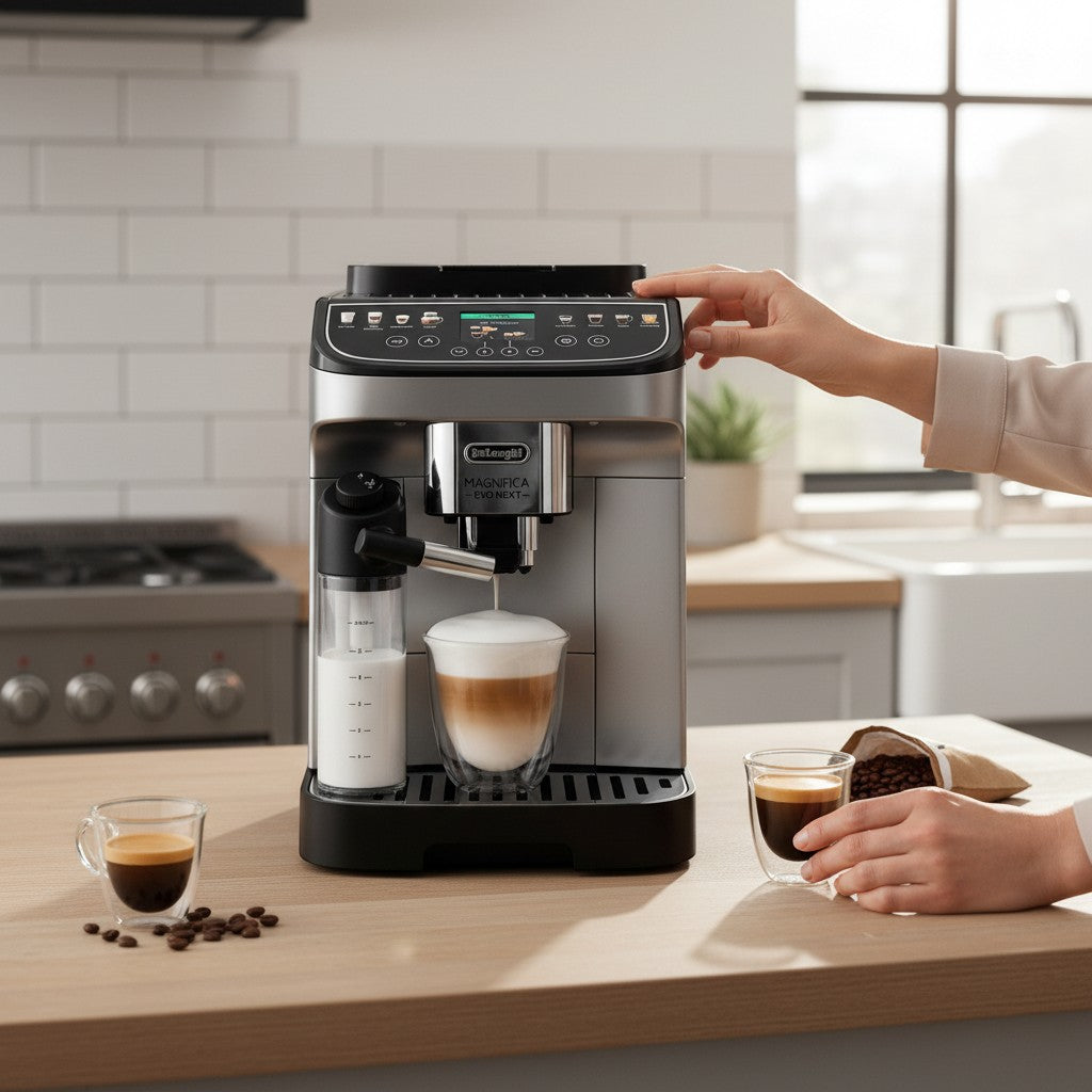 Taghareed De'Longhi Magnifica Evo fully automatic coffee machine in silver and black, making a latte. Features soft-touch controls and a milk carafe.