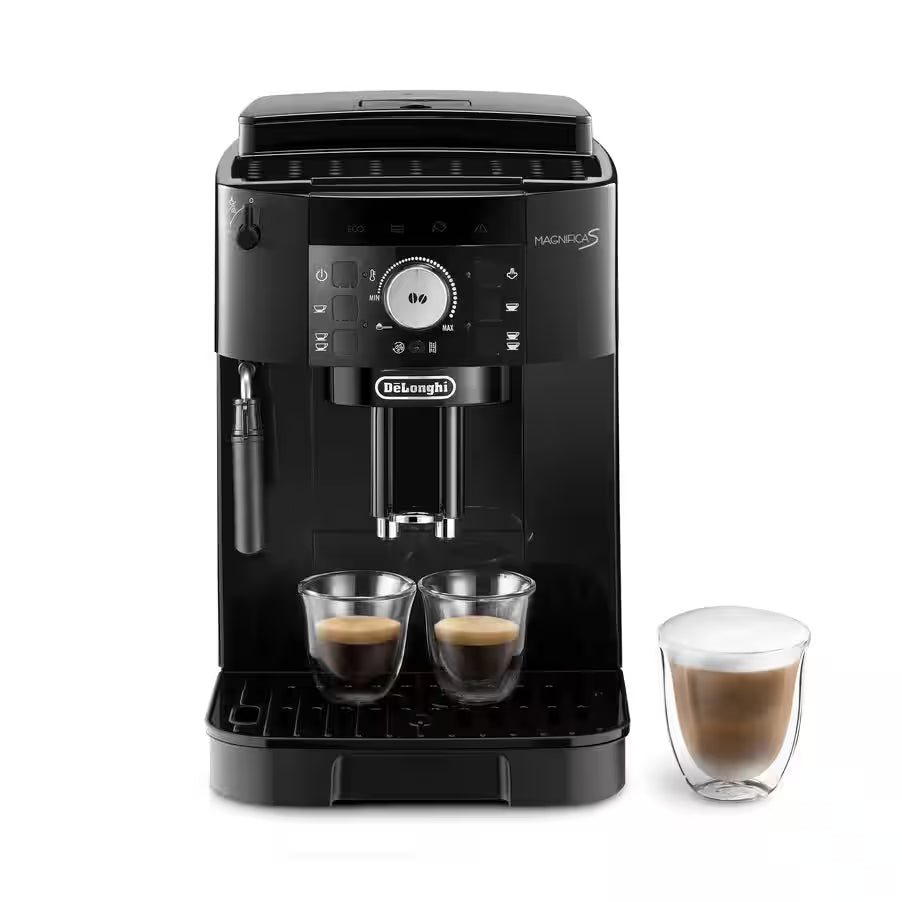 Taghareed De'Longhi Magnifica S compact black automatic coffee machine with manual cappuccino system and integrated grinder.