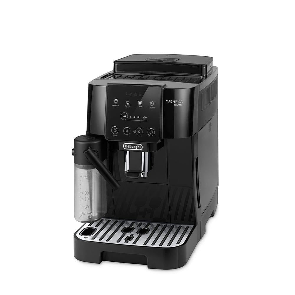 Taghareed De'Longhi Magnifica Start automatic coffee machine in black with a milk carafe and touch controls.