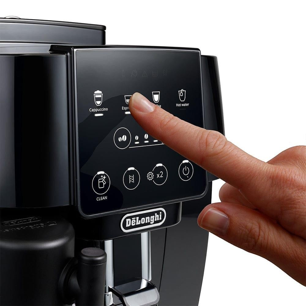 Taghareed De'Longhi Magnifica Start automatic coffee machine with touch controls for espresso, cappuccino, and hot water.