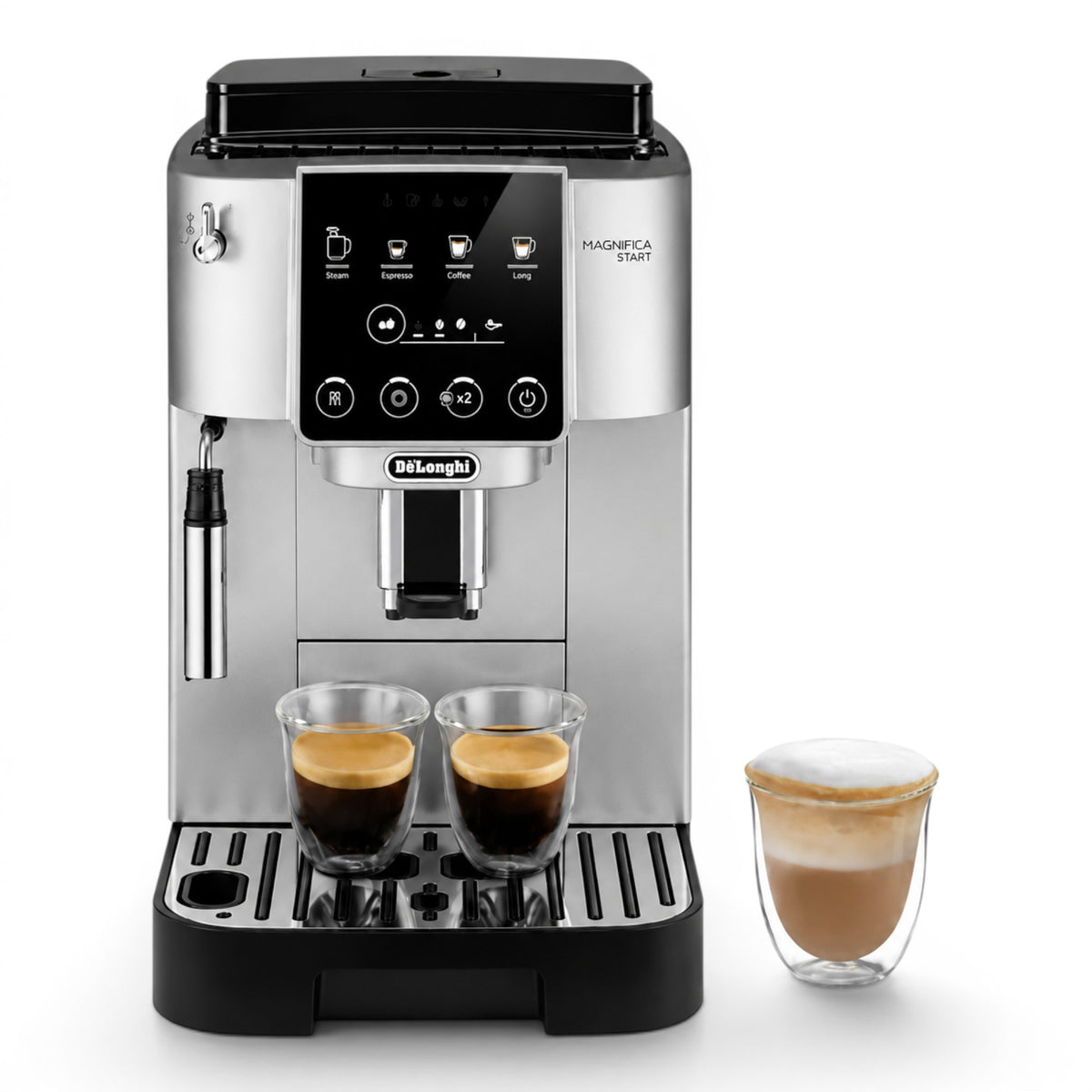 Taghareed De'Longhi Magnifica Start automatic coffee machine in silver and black with touch screen, brewing two espressos and a latte.