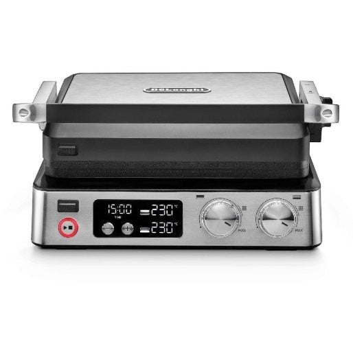 Taghareed De'Longhi MultiGrill 900 digital contact grill with stainless steel finish and LED display showing 230 degrees.