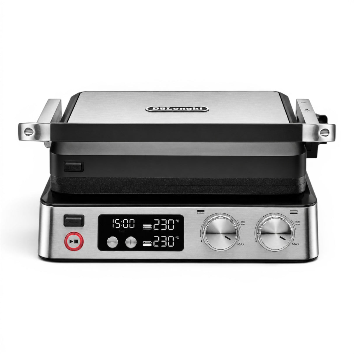 Taghareed De'Longhi MultiGrill 900 digital contact grill with stainless steel finish, LED display, and independent temperature controls.