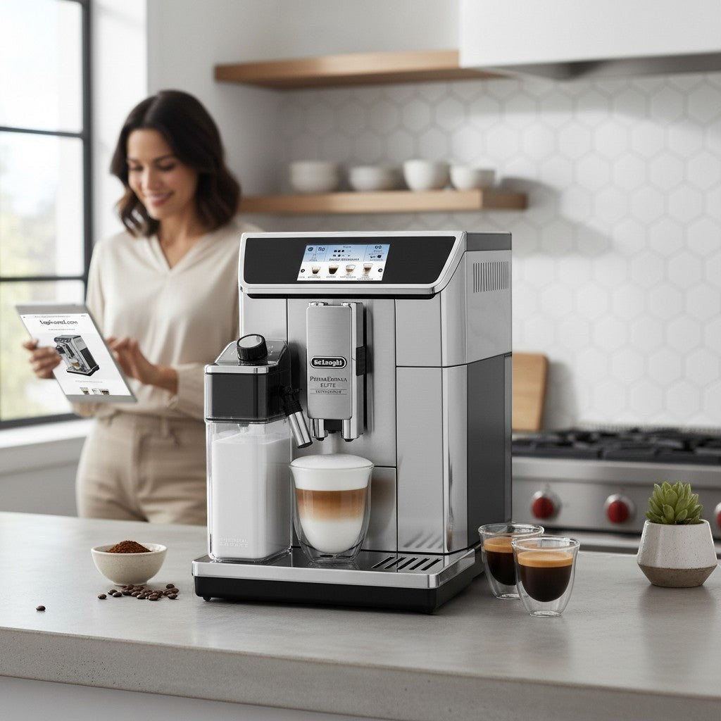 Taghareed DeLonghi PrimaDonna Elite automatic coffee machine with brushed stainless steel finish, brewing a latte.