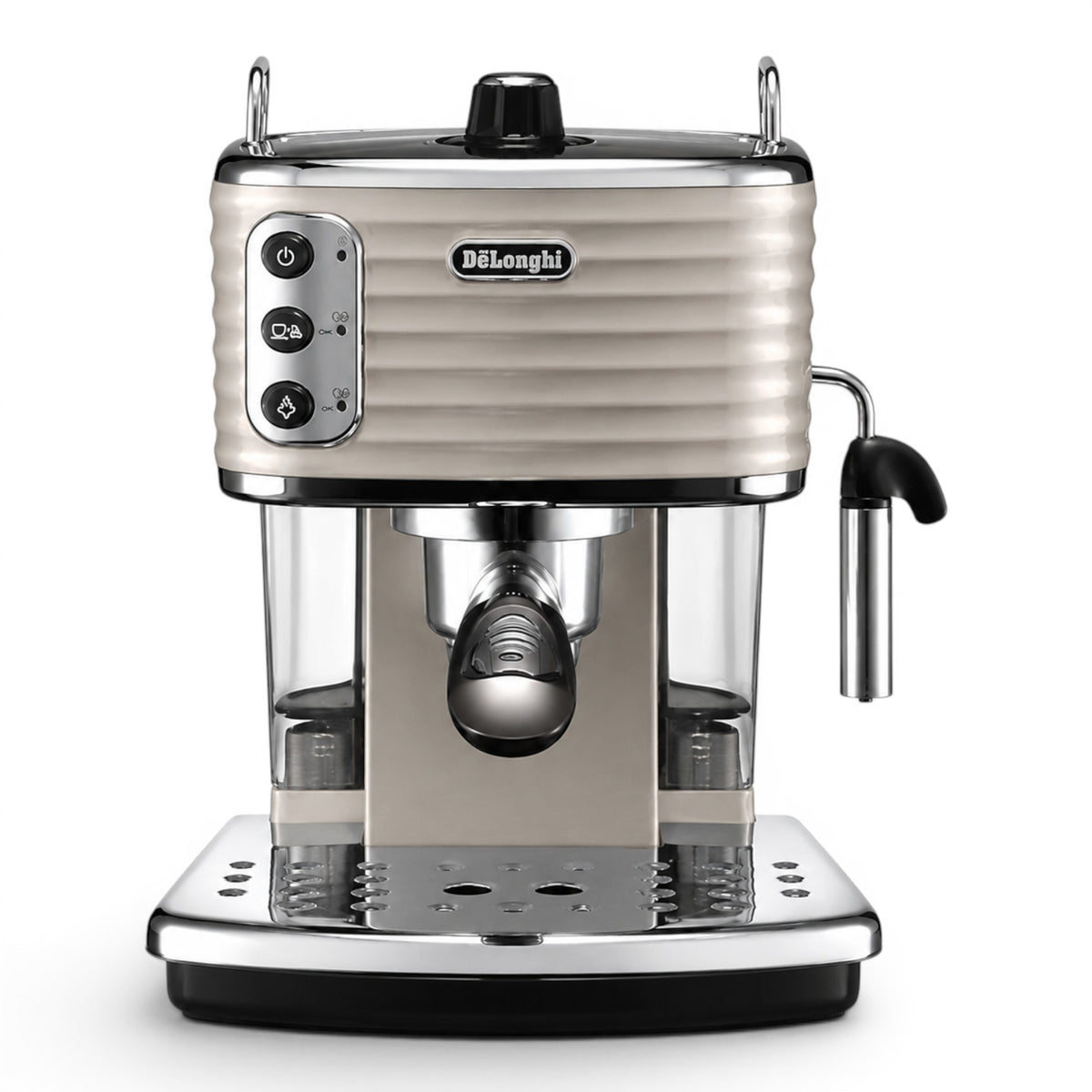 Taghareed De'Longhi Scultura beige espresso machine with chrome accents and a manual cappuccino system.