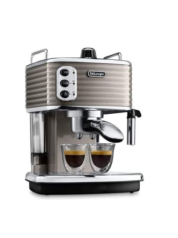 Taghareed De'Longhi Scultura espresso machine in brushed metal finish, with two glasses of espresso.