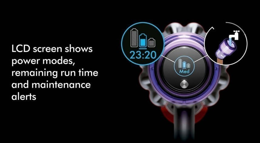 Taghareed Dyson cordless vacuum LCD screen shows power modes, run time 23:20, and maintenance alerts.