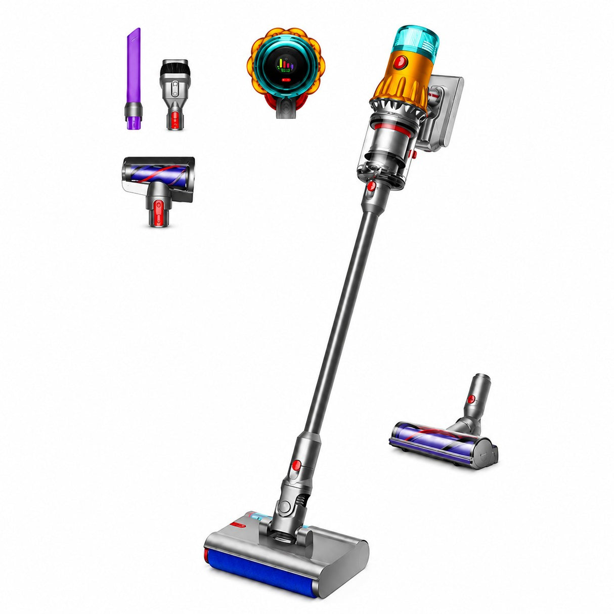 Taghareed Dyson V12s Detect Slim Submarine cordless vacuum with wet roller head and accessories. Yellow, silver, and blue.
