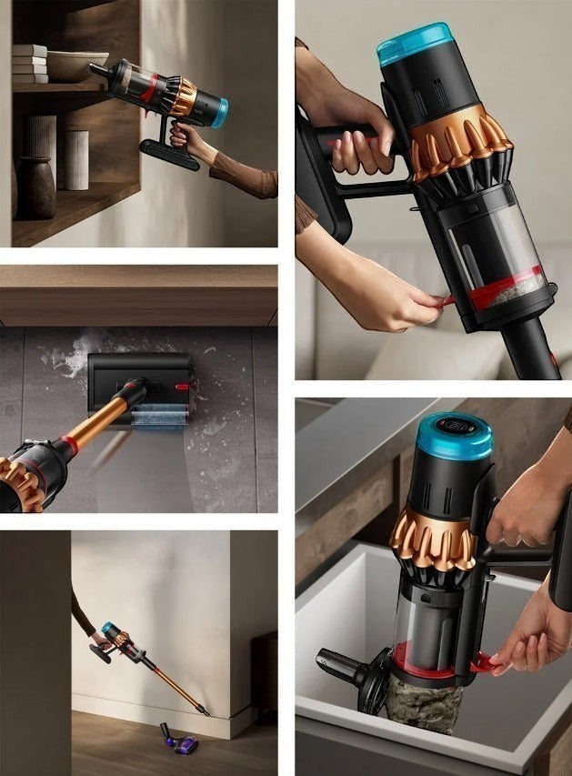 Taghareed Dyson V16 Piston Animal Submarine cordless vacuum in copper and black, with wet roller head and accessories.