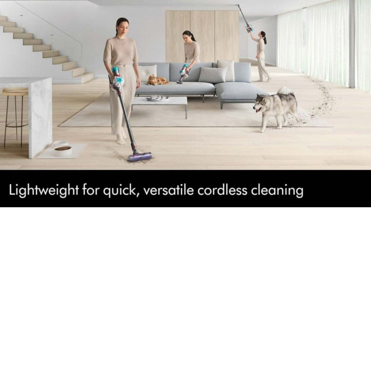 Taghareed Dyson V8 Absolute cordless vacuum cleaner in silver and teal, shown in use in a modern living room.