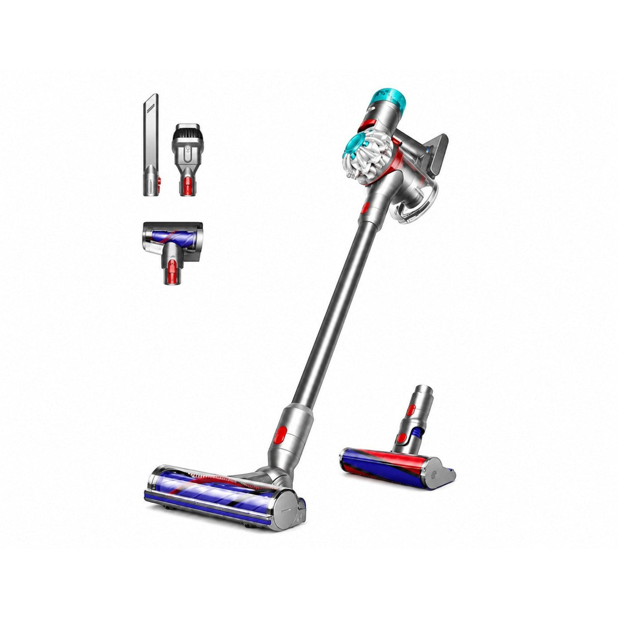 Taghareed Dyson V8 Absolute cordless vacuum cleaner with multiple attachments, silver and red accents, HEPA filtration.